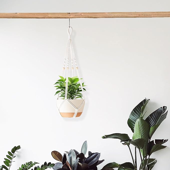 35 Inch Macrame Plant Hanger Indoor with Wood Beads and No Tassels,Strong Hanging Planter Flower Pot Holder for Indoor Outdoor Boho Home Decor,Set of 2,Ivory(Pots Not Included)