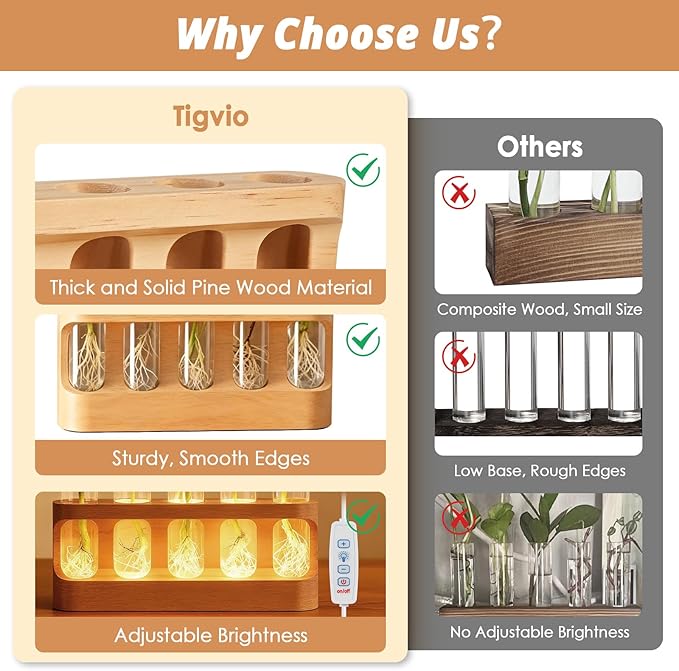 Tigvio Plant Propagation Station with 9-Level Dimmable LED Light, 5 Glass Test Tube Vases, Wooden Stand for Hydroponic Plants, Gardening Gift for Women & Plant Lovers, Desktop Terrarium & Home Decor