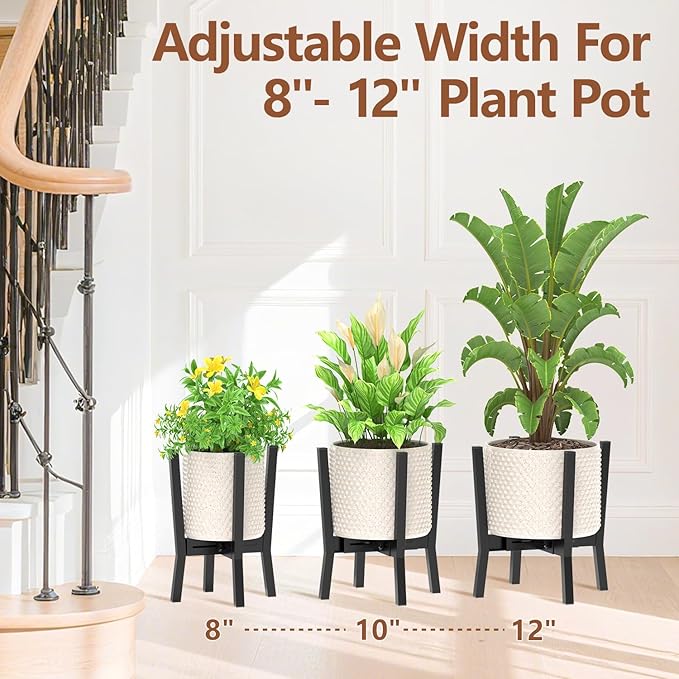 LASZOLA Black Adjustable Plant Stand for Single Large Outdoor Indoor Planters, Heavy Duty Metal Floor Fern Holder Fits 8 to 12 Inch Pots, Elevated Big Flower Stool for Patio – Pot Not Included, 2 Pack
