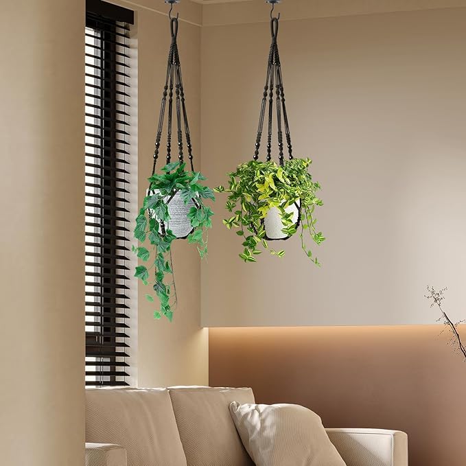 LEWESU Macrame Plant Hanger Indoor Set of 2 with 4 Hooks, Indoor Outdoor Hanging Planter for Plants Holder with Decorative Wood Beads & No Tassels, Boho Home Decor, 35 Inch Black (Pots Not Included)