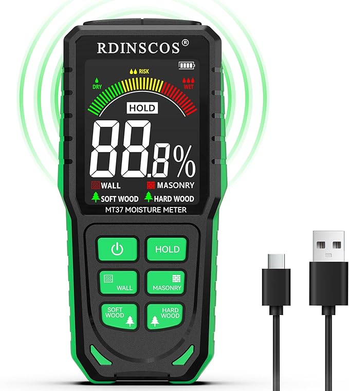 RDINSCOS Pinless Moisture Meter for Wall Rechargeable Damp Meter with Color Display and Audible Alarm,Non-Destructive Moisture Detector for Wall,Masonry,Wood,Building Material