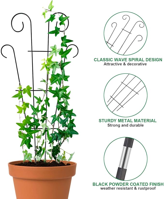 Mklsit 4 Pack 23'' Metal Garden Trellis for Climbing Plants Outdoor, Indoor Plant Trellis Support for Potted Plants, Rustproof Pot Trellis for Houseplant Flower Vines Ivy, Wave Shape, Black