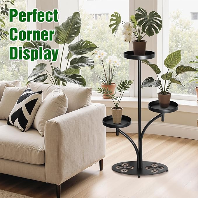 Indoor 3 Tier Black Plant Stand, Tall Metal Plant Stand, Heavy-duty Base in the Shape of a Four-leaf Clover, Layered Modern Flower Pot Rack, Suitable for Courtyards, Patios, Living Rooms, (2Pack)
