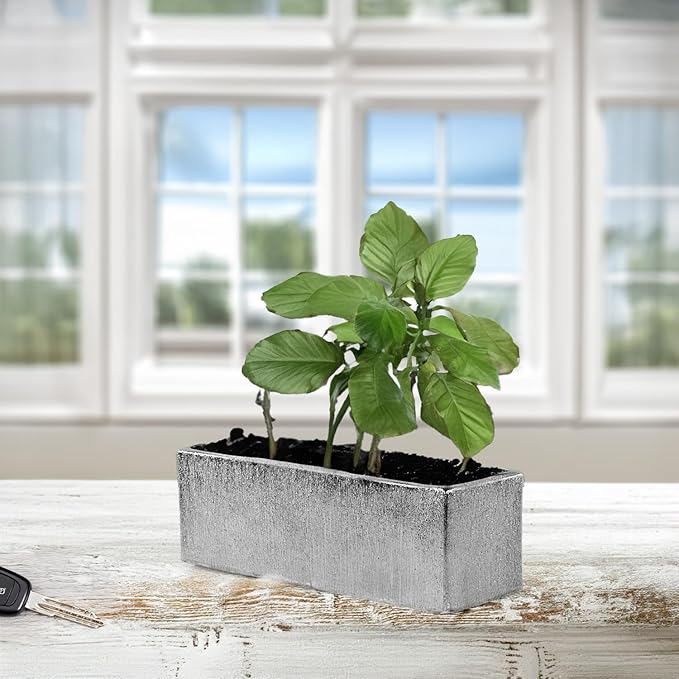WGVI Long Rectangle Ceramic Planter Vase in Silver Etched 12" x 4" x 4"H, Block Rectangular Terrarium Box Pot, Flower Arrangement, Table top Centerpiece, Home Decor Storage Container, 1 Pc.