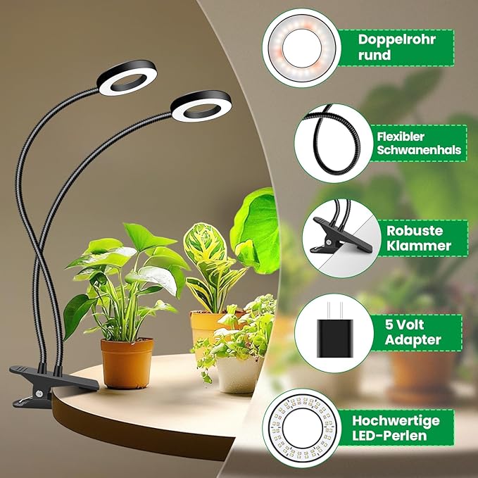 Plant Lights for Indoor Growing,2 in 1 Halo Grow Light with Clip,192 LED Full Spectrum Clip On Plant Grow Lights with 360°gooseneck,3 Spectrum Modes, 6/12/16Hrs Auto Time&5 Brightness 2 Pack