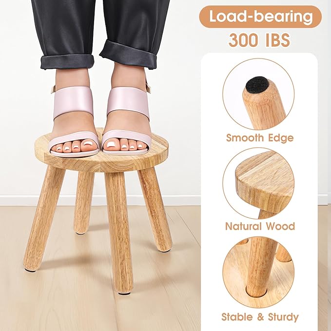 Natural Solid Wood Step Stool 9 Inch Short Sit Chair Portable Round Small Four Legged Wooden Sitting Stool for Adults Bathroom Classroom Bedroom Kitchen Plant Stand Decor, Detachable