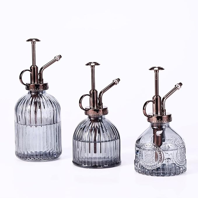 Glass Plant Mister - 7.5" Green Glass Water Spray Bottle with Gold Top Pump, Indoor/Outdoor Small Plant Sprayer (Gray+Bronze)