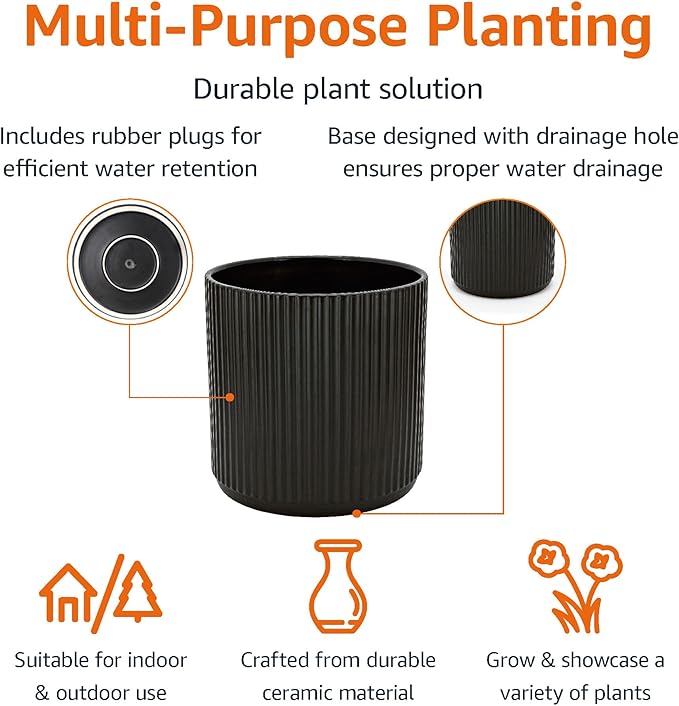 Amazon Basics Fluted Ceramic Round Planter with Drainage Hole, 10-inch, Black, Indoor Outdoor, Flower Pot