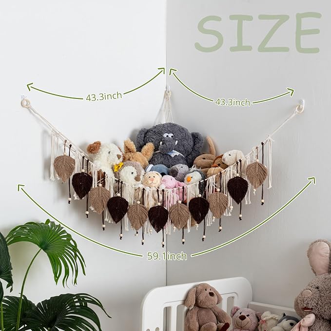 Pretty Jolly Macrame Stuffed Animal Hammock with Beads Hand Woven Leaf Tassels Corner Hanging Net Boho Plush Holder for Kid Room Nursery Decor Easy Install Organizer for Girls Gift(Brown)
