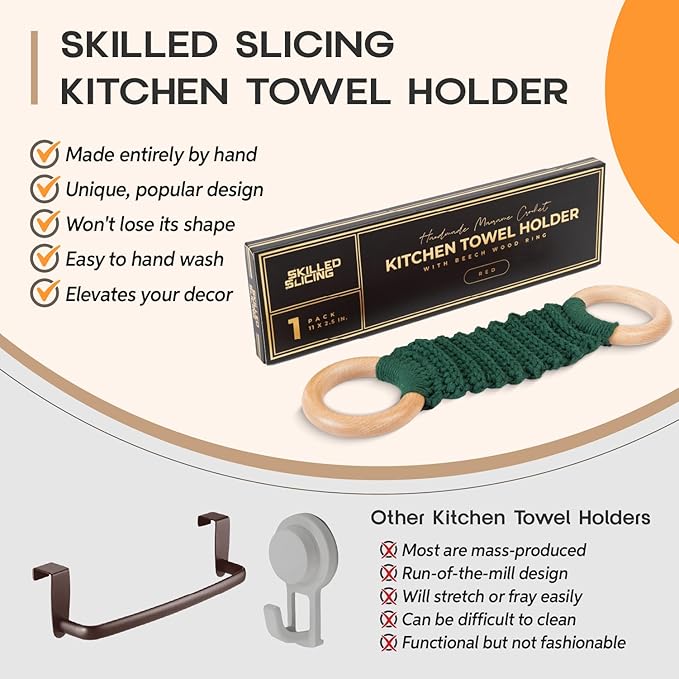 Handmade Crochet Dish Towel Holder for Kitchen & Bathroom, Decorative Boho Macrame Kitchen Towel Hanger Loop Ring Makes a Unique Gift for Birthday Thanksgiving Day 11 Inches (Black)