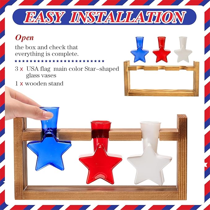 Remerry Patriotic Star Plant Terrarium with Wooden Stand 3 Star Shaped Glass Vases Planter Propagation Station Tabletop Planter for Hydroponics Decor Plant Lover Gift