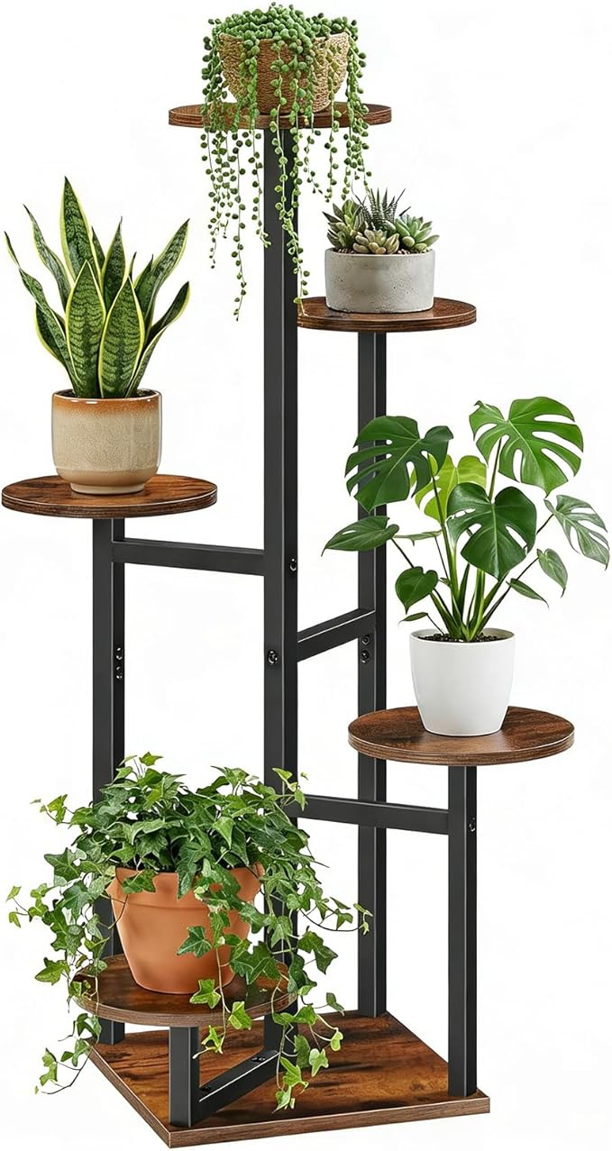 HOOBRO 5-Tier Corner Plant Stand Indoor, Round Vertical Plant Shelf for Small Spaces, Space Saving Flower Rack for Living Room, Balcony & Patio, Rustic Brown and Black BF05HJ01