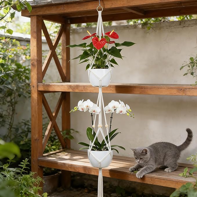 Dntorx Macrame Plant Hanger, 2 Pack 50 Inch Hanging Plant Holder Indoor Outdoor Hanging Planter Basket with Hooks for Living Rooms, Balcony, Hallway, Kitchen, or Office