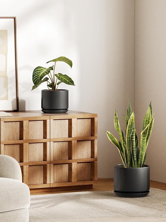 LE TAUCI Ceramic Plant Pots, Set of 2, 8+10 Inch Plant Pots Indoor with Drainage Hole & Saucer, Sturdy Planters for Indoor Plants, Modern Minimalist Decor for Snake Plant, Monstera, Black