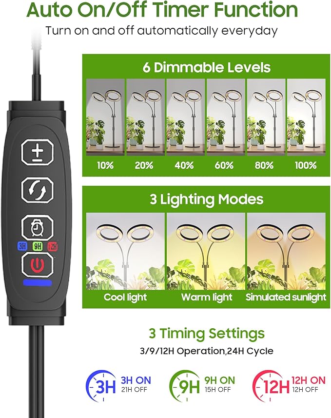 Grow Lights for Indoor Plants Full Spectrum, LED Plant Light with Metal Base, Plant Growing Lamps with Timer 3/9/12H, 3 Color Modes, 6 Brightness Levels, 25-38'' Adjustable Height