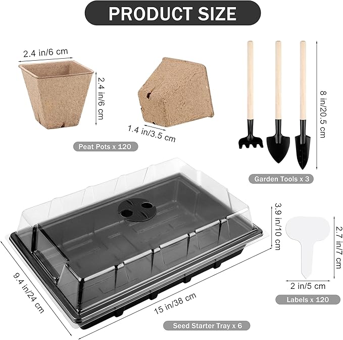 Hahood 6 Pack Seed Starter Tray Kit with 120 Square Peat Pots for Seedlings, Including Plants Labels, Planting Tools, Growing Trays Plastic Germination Tray Paper Starter Pods for Plant Seeds, Black