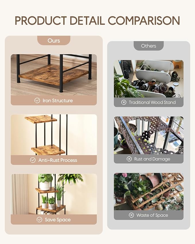 Homsorout Plant Stand Indoor, 5-Tier Tall Plant Stand Indoor, Metal Plant Shelf with Hanging Basket Hook, Ideal Corner Plant Table for Living Room, Balcony, Garden, Patio (Brown)