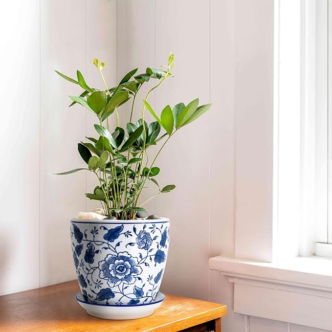 HakkaGirl 8 inch Ceramic Planters for Indoor Plants, Chinoiserie Decor Ceramic Pots for Plants Flower Plant Pots Indoor with Drainage and Saucer, Blue and White