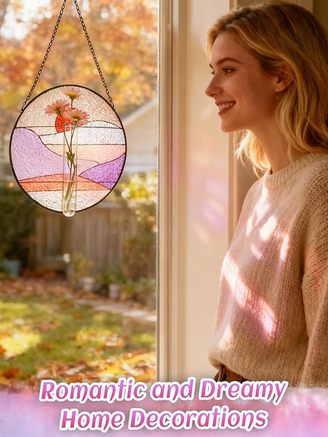 Stained Glass Propagation Stations - Sunshine Catcher Window Hanging Plant Holder, Terrariums Wall Decor for Women Mom Plant Lovers Gardening Gifts, Purple
