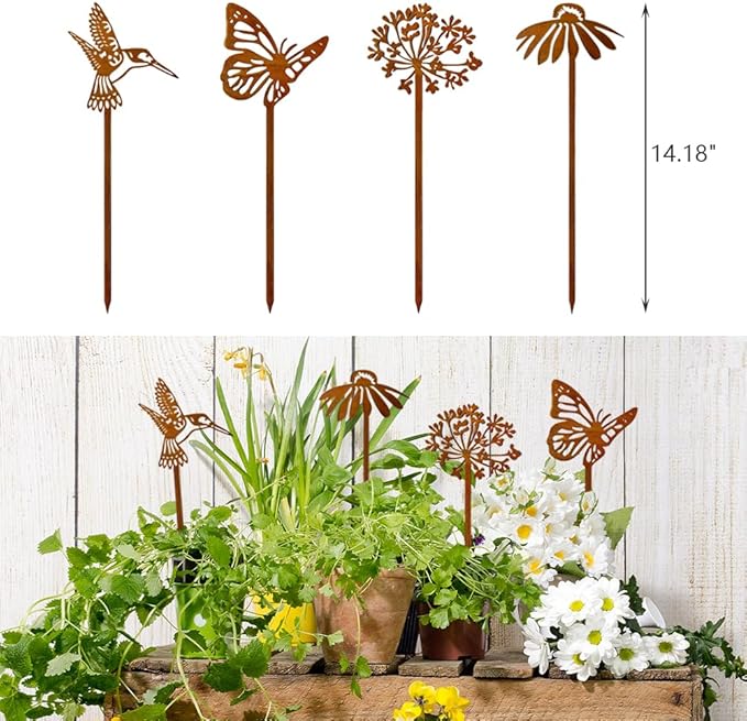 4Pcs Decorative Garden Stakes Plant Stakes Rusty Metal Flowers Hummingbird and Butterfly Garden Decor for Indoor Outdoor Patio Lawn Yard Art 14.18"