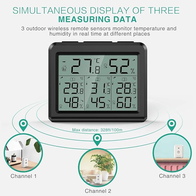 ORIA Indoor Outdoor Thermometer, Digital Hygrometer Thermometer with 3 Wireless Sensors, Temperature Humidity Monitor Meter with LCD Backlight, for Home, Office, Bedroom, Black