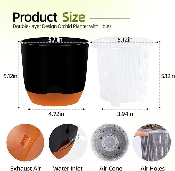 QCQHDU 2 Pack 5.7 Inch Orchid Pots with Holes for Repotting, Double-Layer and Self Watering Orchid Pot with Good Air Circulation