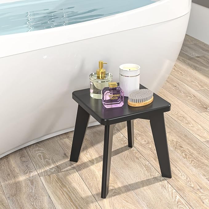 Small Step Stool for Kids, Black Wooden Foot Rest for Shaving Legs, 10" High Non Slip Short Stool for Bathroom, Bedroom, Kitchen