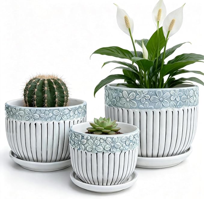 Vintage Flower Pots for Indoor Plant, Round Ceramic Plant Pots with Drainage Holes and Saucers, 6.7/5.2/3.9 Inches Retro Flower Planters Set of 3