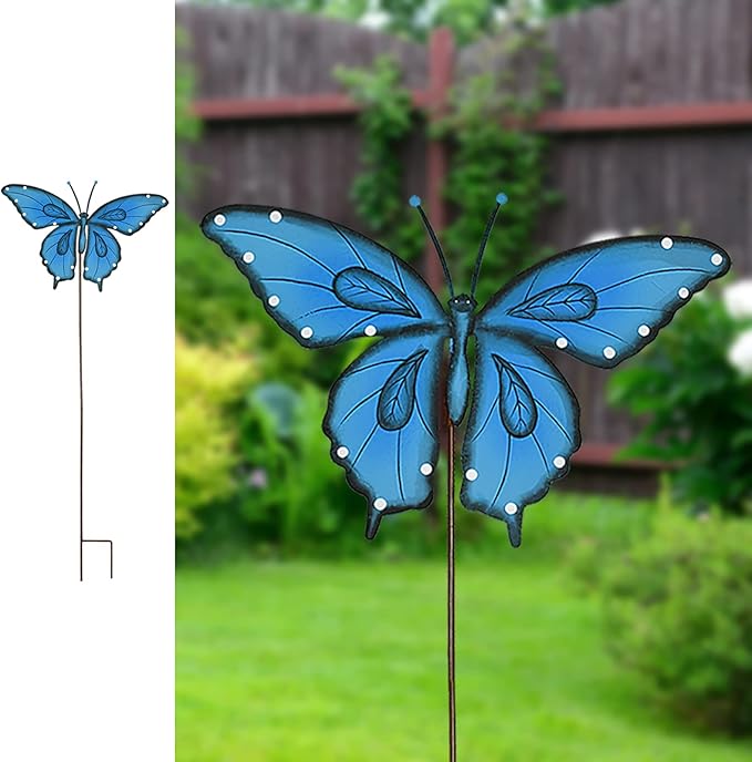 Garden Decor Metal Yard Stakes Spring Lawn Art Decorative Plant Stake Indoor Outdoor Ornaments Decoration for Patio Pathway Backyard (Blue Butterfly)