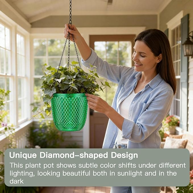 QCQHDU Hanging Planters for Indoor Plants, 2-Pack 5.7 Inch Self Watering Hanging Pots, Plastic Plant Hanger with Drainage Holes and 3 Hooks Chains for Garden Home (Emerald)
