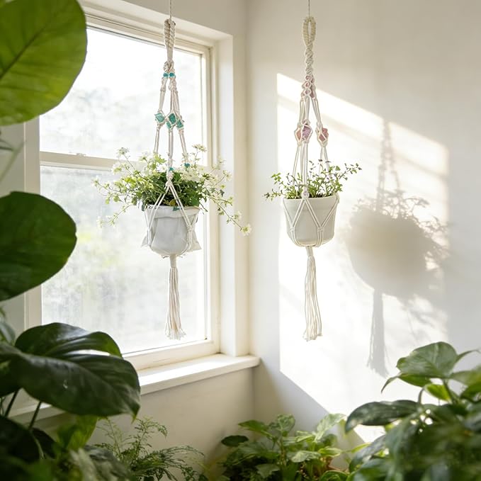 Nomylunota Macrame Plant Hanger with Boho Beads Handmade Hanging Planter Crochet Plant Holder(35.4 inches, Beige with Blue Pink Beads)