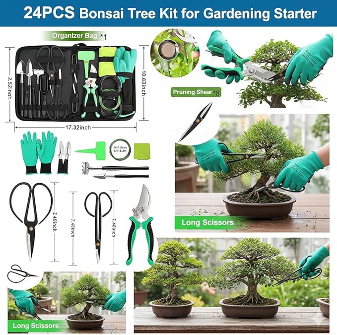 Bonsai Tools Kit - Bonsai Tree Tools Set with 24 Accessories, Bonsai Wire, Pruning and Trimming Tools for Beginners and Adults, Complete Bonsai Care and Starter Kit