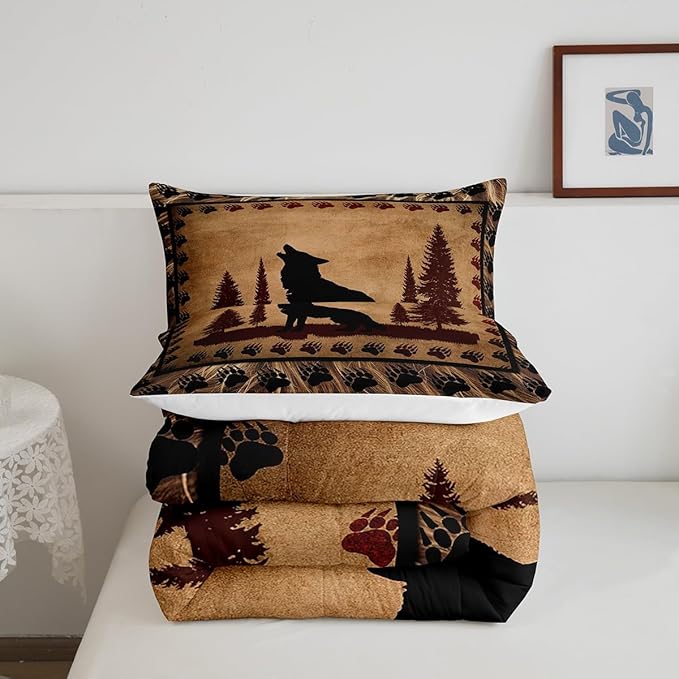 Feelyou Cute Wolf Comforter Set for Girls Boys Kids Wolves Howling Bedding Set Room Decorative Animal Wolves Tree Pattern Bedding Set Exotic Style Brown Black Duvet Set King Size 3Pcs Quilt Set