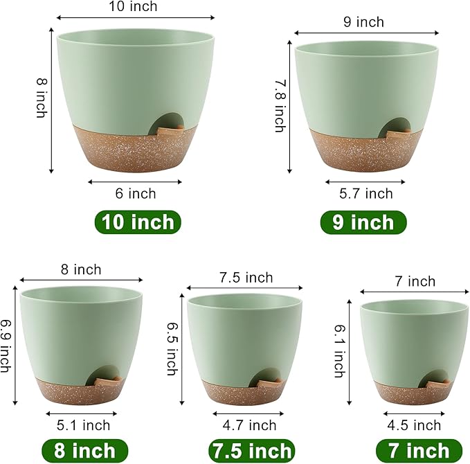 QRRICA Plant Pots 10/9/8/7.5/7 Inch Self Watering Pots, Set of 5 Plastic Planters with Drainage Holes and Saucers,Plastic Flower Pots,Nursery Planting Pot for Indoor Out Door Plants（Green）