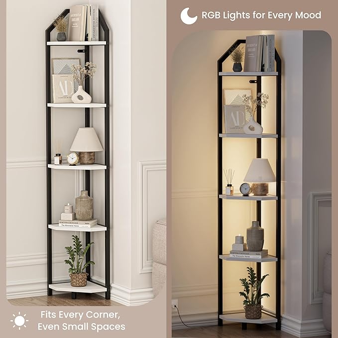 70 Inch Corner Shelf with LED Lights, 5-Tier Corner Bookshelf for Small Spaces, Wood & Metal Storage Rack for Bedroom, Living Room, Office - Modern Space Saving Design- White