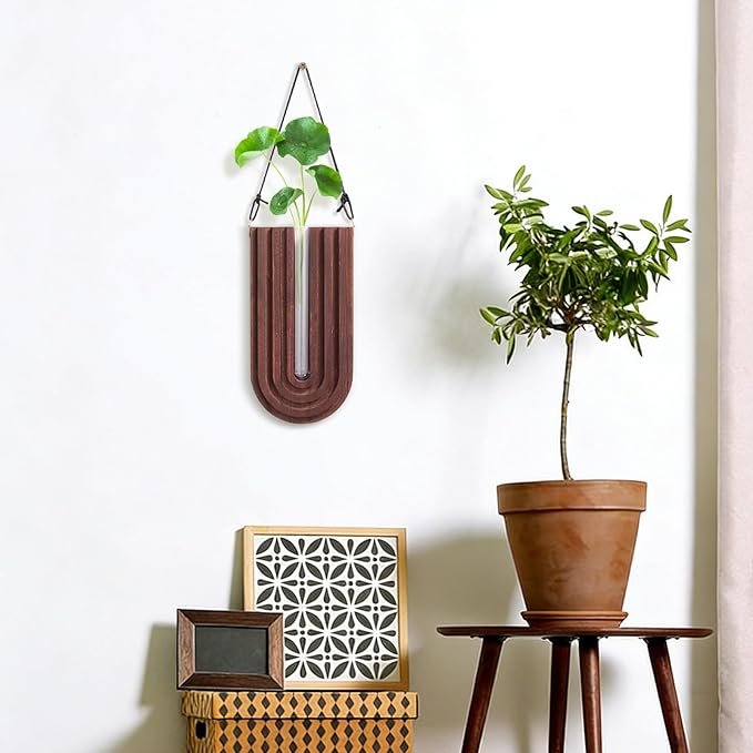 6Pcs Wall Mounted Plant Propagation Stations, Wood Wall Hanging Planters with Test Tube Socket, Modern Geometric Hydroponic Vase for Indoor Plants, Boho Decor for Room Office Entryway