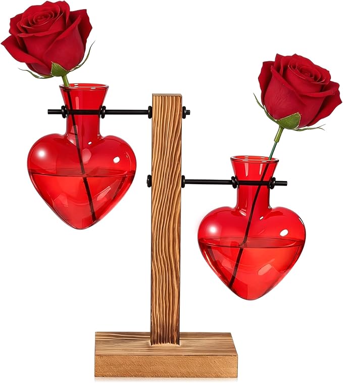 Remerry Red Heart Plant Terrarium with Wooden Stand 2 Heart Glass Vases Planter Propagation Station Tabletop Planter for Hydroponics Decor Plant Lover Gift