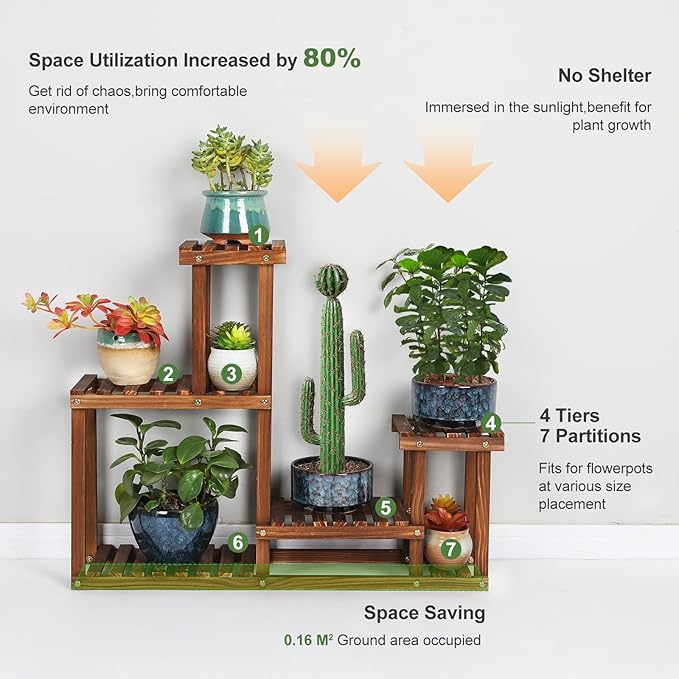 Pine Wood Plant Stand Indoor Outdoor Multi Layer Flower Shelf Rack Higher and Lower Plant Holder in Garden Balcony Patio Living Room (4 Tiers )