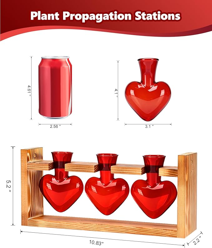 Nacome Plant Terrarium Propagation Stations: Mothers Day Gifts for Mom Plant Lovers Women Wife Daughter - 3 Bulb Glass Vase with Wooden Stand Tabletop for Hydroponics Garden Home Wall Decor(Red)