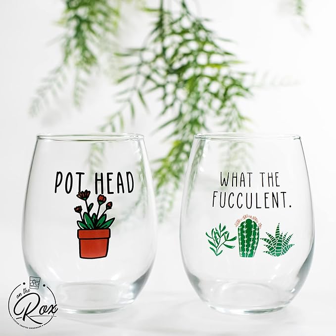 Succulent Plant Cactus Wine Gifts for Women- Set of 4 Funny Wine Glasses 15oz - Flower Lover Gift Mug - What the Fucculent- Crazy Plant Lady Glass Tumbler - Stemless Glasses Housewarming Gift