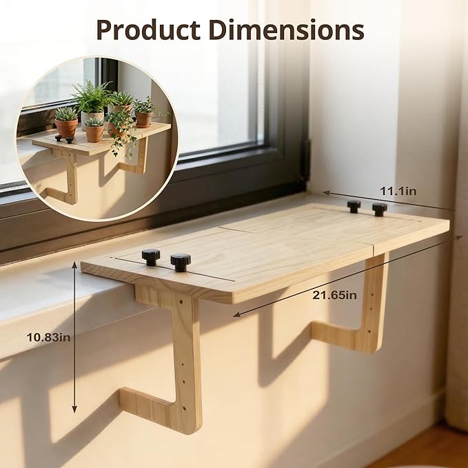 Window Plant Shelves with Suction Cups, Adjustable No-Drill Window Shelf for Plants, 21.7" Window Sill Extender, Heavy-Duty Window Plant Shelf for Indoor Window Gardens, Mounts on Glass or Walls