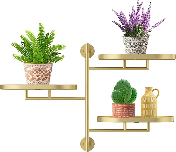 YQSLYSF Window Rotating Plant Stand Shelf Indoor Gold Metal Floating Shelves 3-Tier Wall Mount Plant hanger Holders for Wall Planter Modern Home Decor window sill gifts