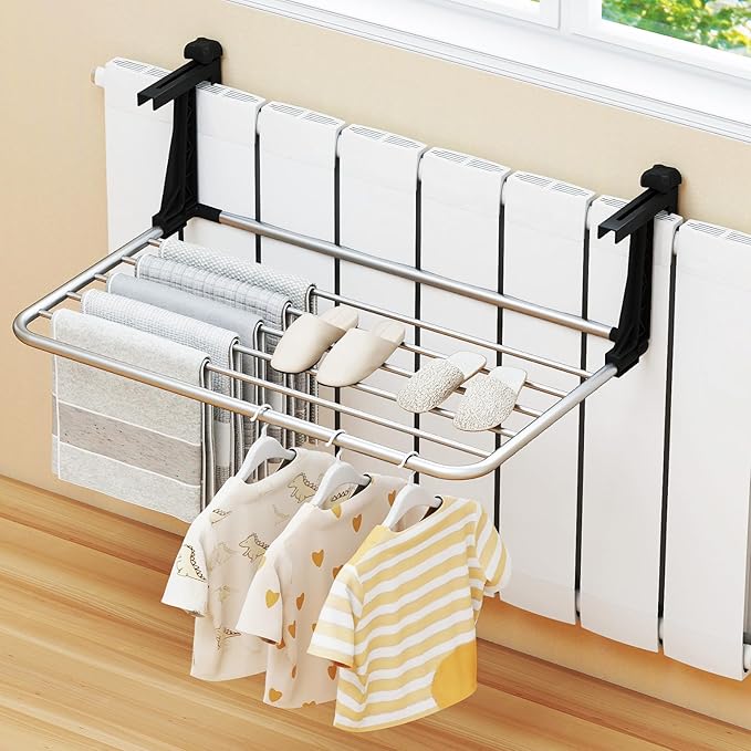 Tangkula Portable Clothes Drying Rack, Extendable Radiator Clothes Airer with Robust Aluminum Frame for Balcony Railings Windowsill, Folding Towel Rack for Indoor & Outdoor Use (Small)