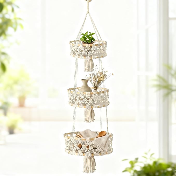 3 Tier Hanging Fruit Basket, Macrame Hanging Basket for Fruit and Vegetable Storage, Cotton Rope Woven Baskets, Boho Wall Baskets Organizing Hanging Plant Holder for Indoor Kitchen Decor