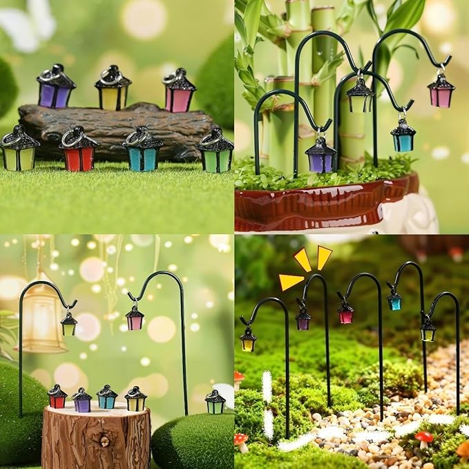 YAHUIPEIUS 7PCS Miniature Garden Stakes,Resin Mini Lanterns Decorative Potted Plant Stake with Metal Hooks Small Accessories for Terrarium Succulent Pots Indoor Outdoor Plants Decor