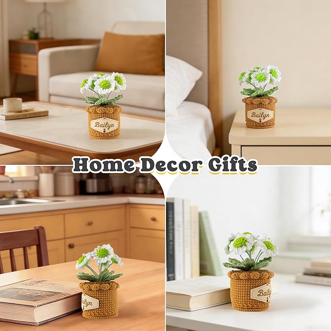 Crochet Flowers with Personalized Leather Name Tag Handmade Knitted Flowers for Home Office Desk Decor Crochet Daisy Potted Plant Crochet Gift for Women,Mom,Teacher, Friend, Birthday(White)