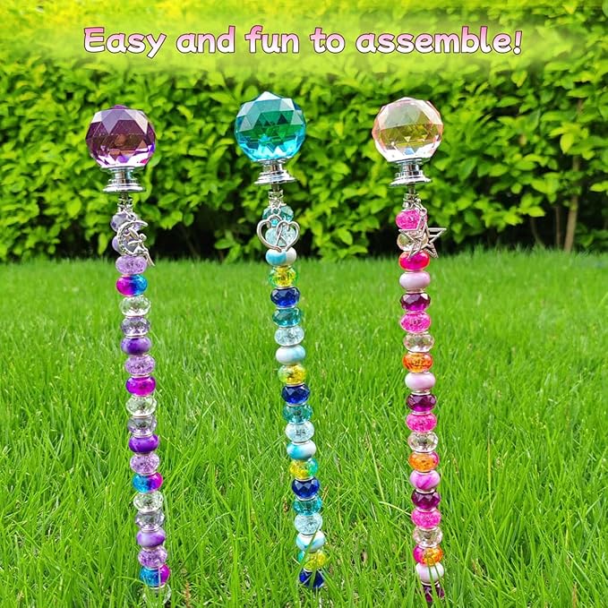 72Pcs Beaded Garden Stakes Kit - DIY Fairy Wand Garden Stake Beads Kit, Fairy Garden Accessories Outdoor for Different Festivals, Beadable Items Ball-(Purple+Lake Blue+Pink)