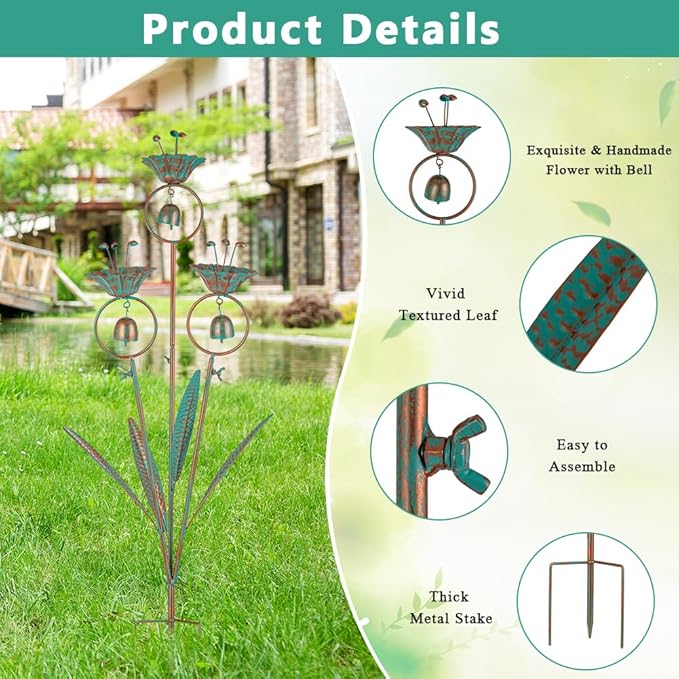 Calla Lily Garden Stake with Bells, Metal Flower Decorative Garden Stakes, 34" H Yard Art for Outdoor Lawn Patio Pathway Decor, Bronze