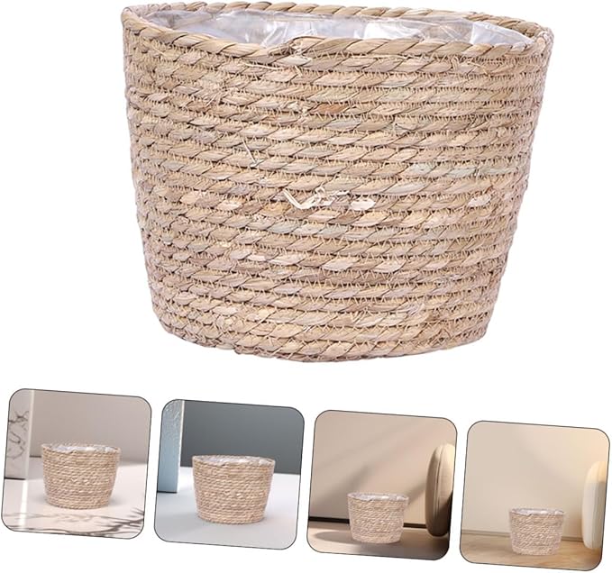 ORFOFE Seagrass Plant Basket Woven Planter with Plastic Liner Handcrafted Rattan and Straw Flower Pot Cover for Indoor and Outdoor Rustic Farmhouse Decor Multipurpose Storage Container