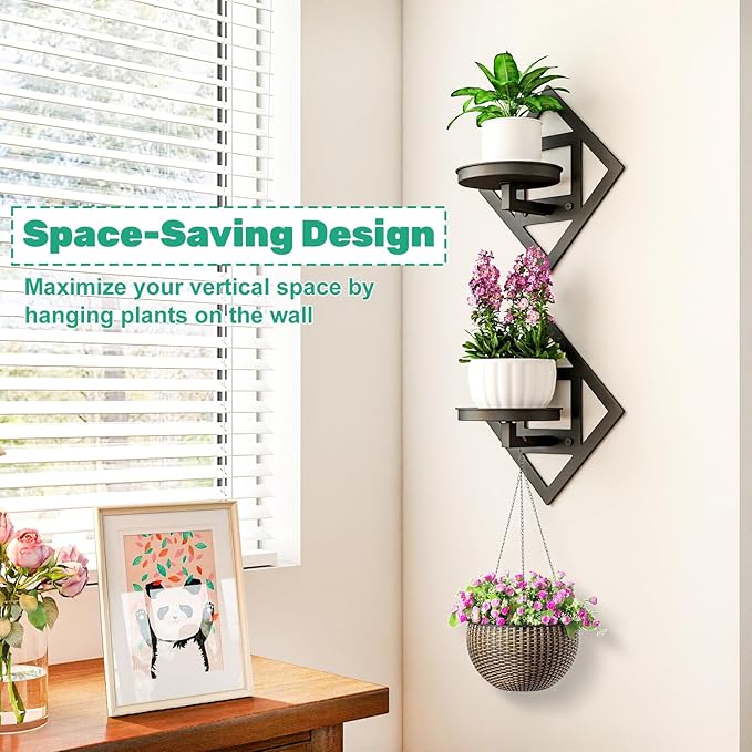 Plant Hangers Shelves Wall Mounted Indoor, Metal Window Plant Holders, 2Pcs Modern Floating Flower Display Stand for Outdoor Kitchen Bathroom Decor, Black